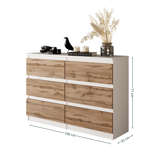 GABRIEL - Commode 6 Tiroirs - Buffet de Chevet - H71 cm L100 cm P33 cm (Blanc Matt / Chêne Wotan)
