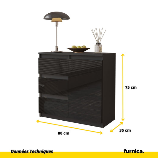 MIKEL - Commode 3 Tiroirs et 1 Porte - Armoire de Rangement pour Couloir/Chambre à Coucher - Buffet - H75cm L80cm P35cm (Anthracite/Noir Brillant)