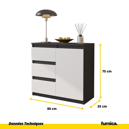 MIKEL - Commode 3 Tiroirs et 1 Porte - Armoire de Rangement pour Couloir/Chambre à Coucher - Buffet - H75cm L80cm P35cm (Anthracite/Blanc)