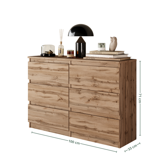 GABRIEL - Commode 6 Tiroirs - Buffet de Chevet - H71 cm L100 cm P33 cm (Chêne Wotan)