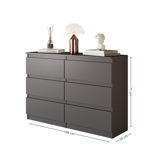 GABRIEL - Commode 6 Tiroirs - Buffet de Chevet - H71 cm L100 cm P33 cm (Anthracite)