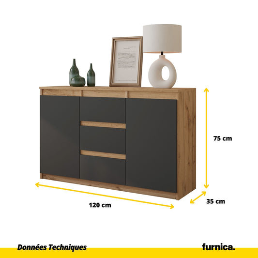 MIKEL - Commode 3 Tiroirs et 2 Portes - Armoire de Rangement pour Couloir / Chambre à Coucher - Buffet - H75cm L120cm P35cm (Chêne Wotan / Anthracite)