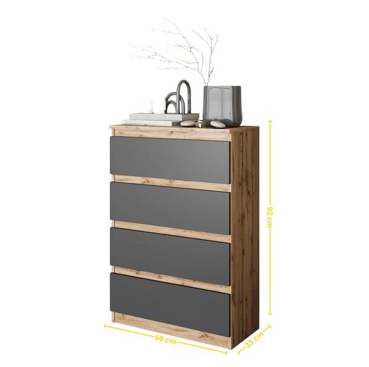 GABRIEL - Commode 4 Tiroirs - Table de Chevet Buffet - H92cm L60cm P33cm (Chêne Wotan / Anthracite)