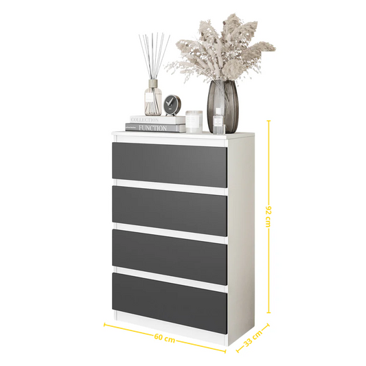GABRIEL - Commode 4 Tiroirs - Table de Chevet Buffet - H92cm L60cm P33cm (Blanc Matt / Anthracite)