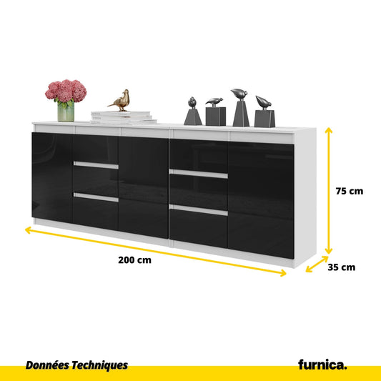 MIKEL - Commode 6 Tiroirs et 3 Portes - Armoire de Rangement pour Couloir / Chambre à Coucher - Buffet - Blanc Matt / Noir Brillant H75cm L200cm P35cm