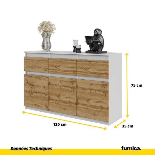 NOAH - Commode 3 Tiroirs et 3 Portes - Meuble de Rangement pour Couloir/Chambre - Buffet - H75cm L120cm P35cm (Blanc/Chêne Wotan)
