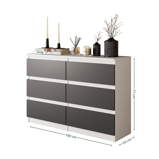 GABRIEL - Commode 6 Tiroirs - Buffet de Chevet - H71 cm L100 cm P33 cm (Blanc Matt / Anthracite)