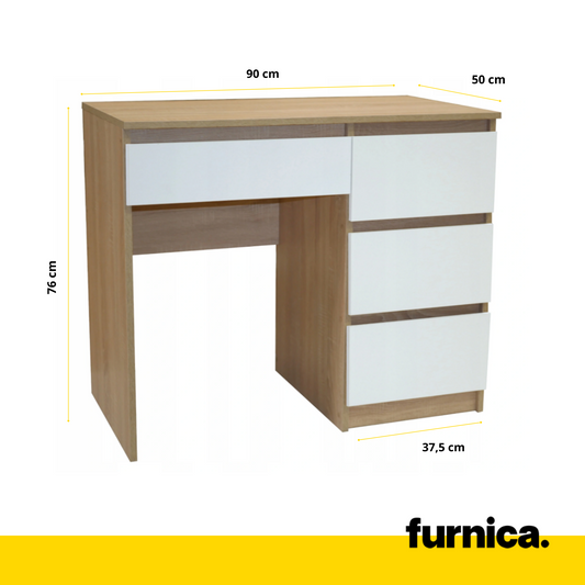 BEN - Bureau d'ordinateur - 4 Tiroirs - H76cm L90cm P50cm - Droite (Chêne Sonoma/Blanc)