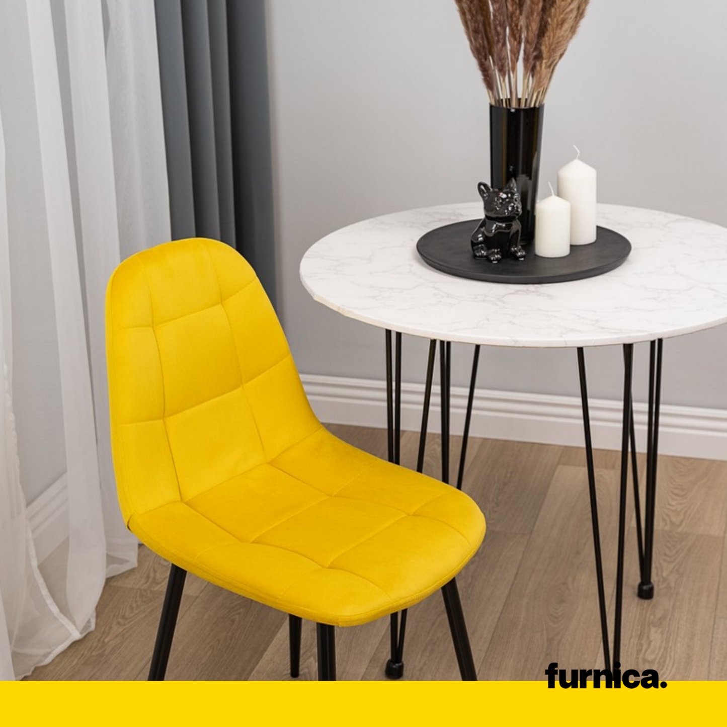 ROBERTO - Chaise de Salle à Manger / Bureau en Velours Matelassé avec Pieds en Métal Noir - Jaune