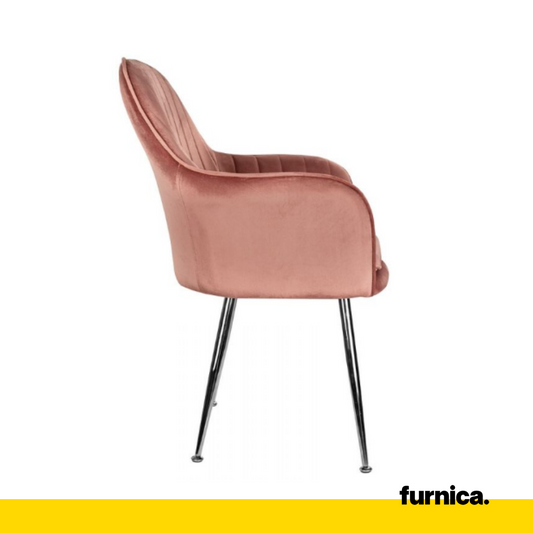 AMEDEO - Chaise de Salle à Manger / Bureau en Velours Matelassé avec Pieds en Chrome Argenté - Rose Foncé