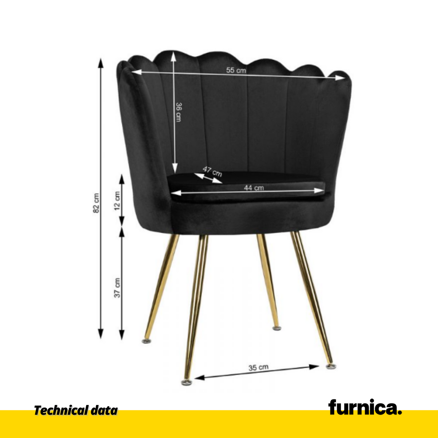 LUIGI - Chaise de Salle à Manger / Bureau en Velours Matelassé avec Pieds en Chrome Doré - Noir