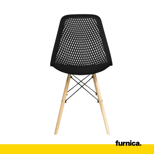 LUCA - Chaise de Salle à Manger / Bureau en Plastique Perforé avec Pieds en Bois - Noir