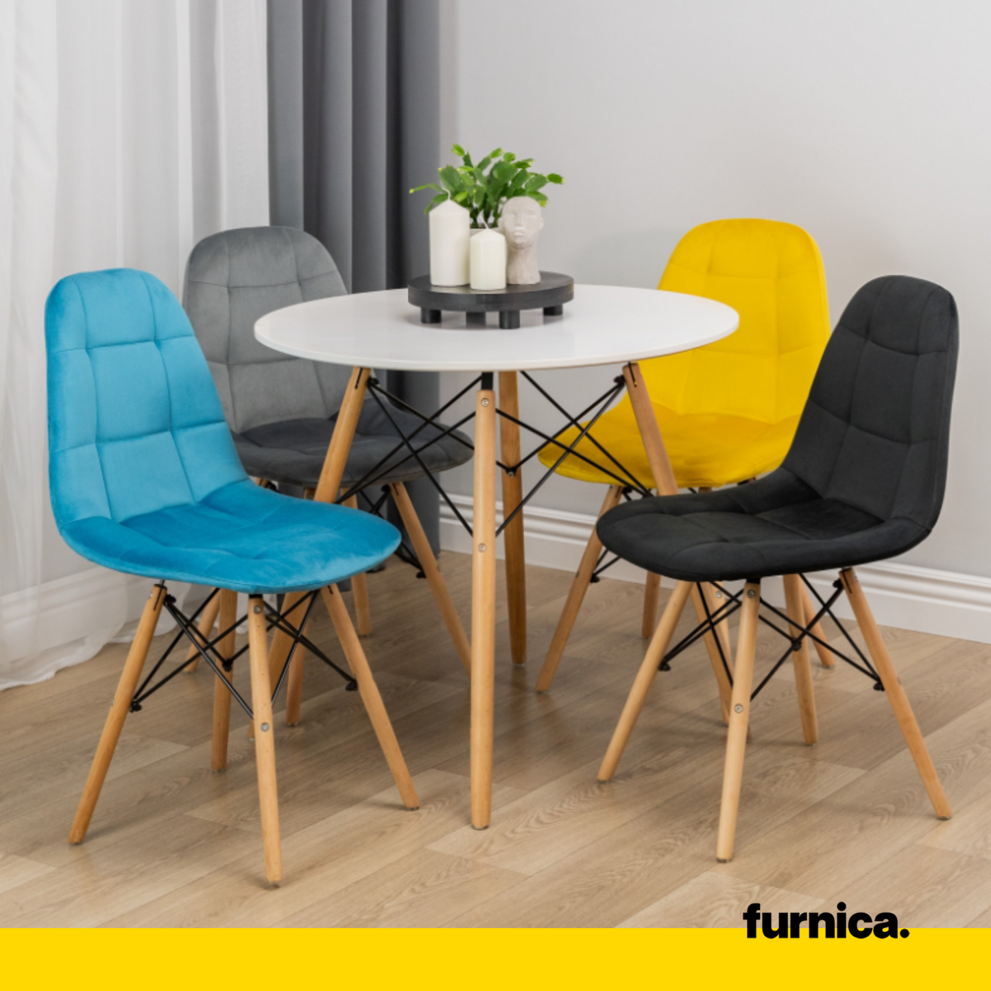 FABRIZIO - Chaise de Salle à Manger / Bureau en Velours Matelassé avec Pieds en Bois - Jaune