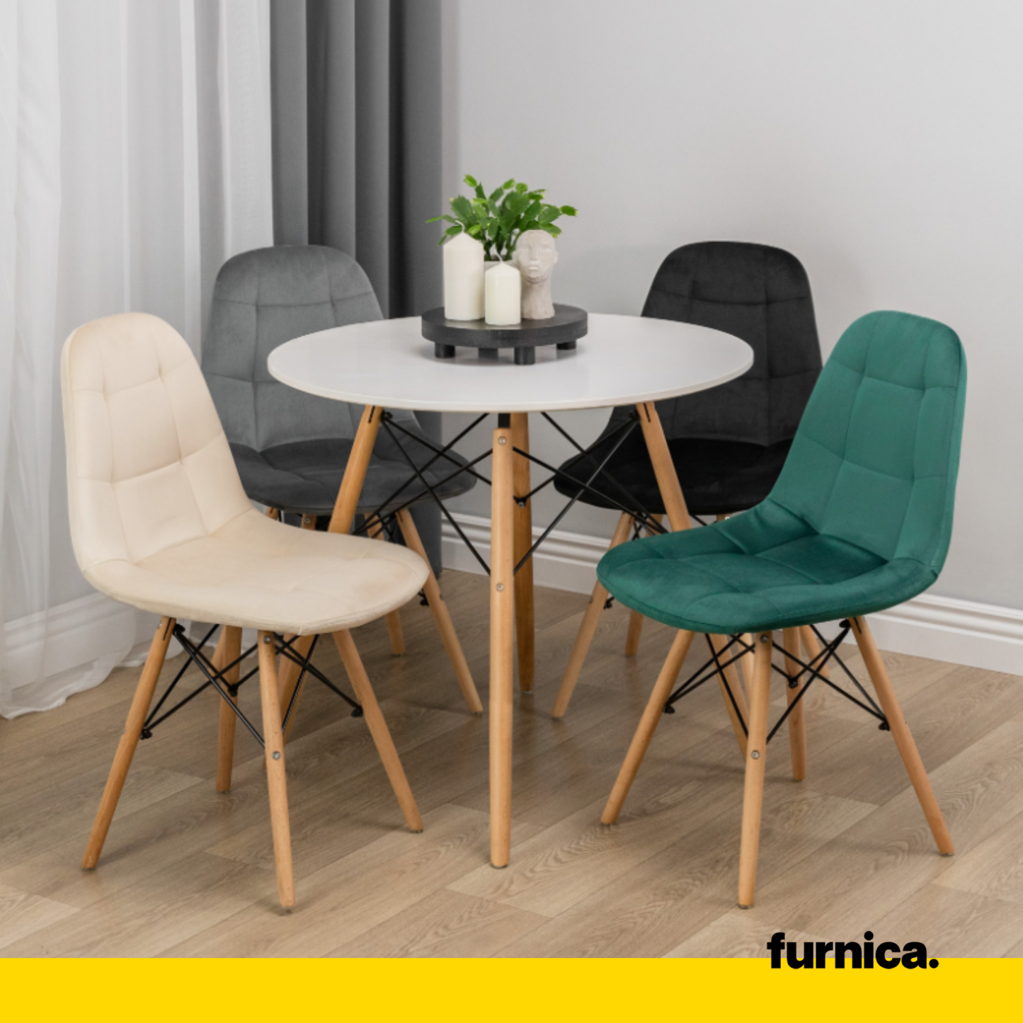 FABRIZIO - Chaise de Salle à Manger / Bureau en Velours Matelassé avec Pieds en Bois - Beige
