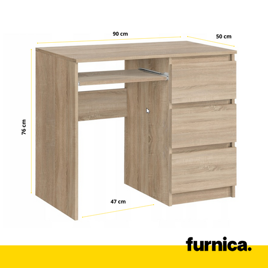 BRUNO - Bureau d'ordinateur - 3 Tiroirs et Plateau pour Clavier - H76cm L90cm P50cm - Droit (Chêne Sonoma)