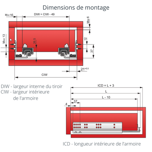 Ensemble de glissières dissimulée à fermeture silencieuse (gauche et droite), extension complète 270mm (2) – Furnica