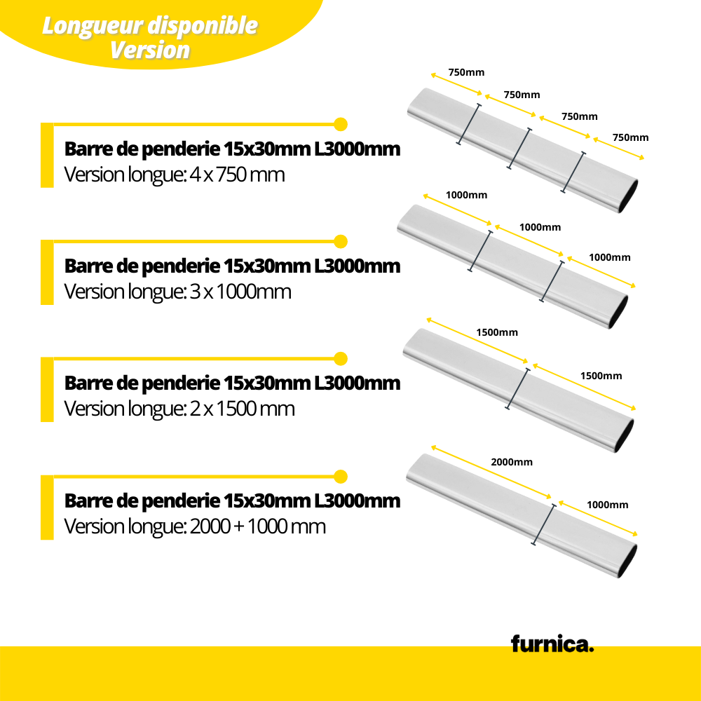 Barre de penderie ovale 15x30mm, L3000mm - Chrome