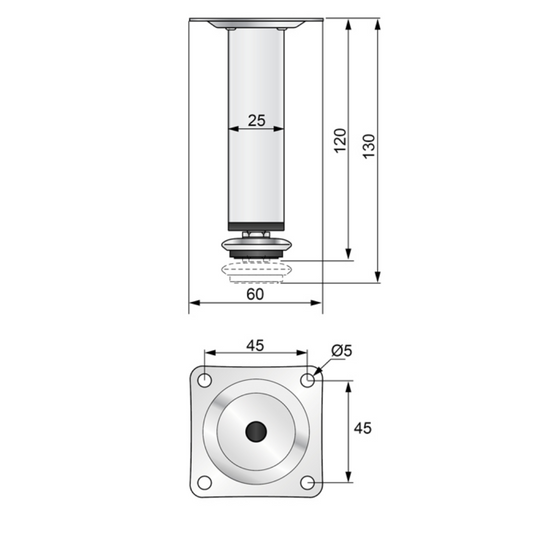 Pied de meuble carré réglable 25x25mm - 120mm - Satin