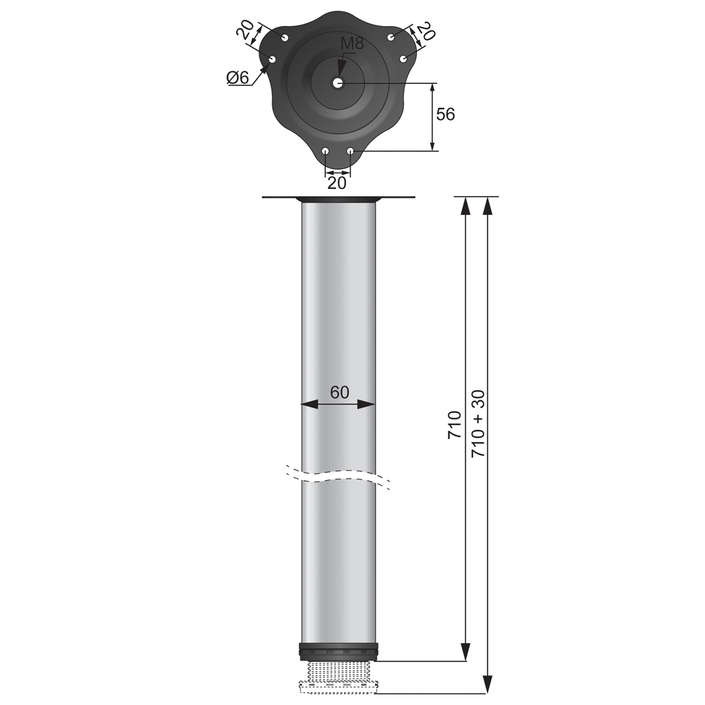Pied de meuble réglable 710mm, plaque de montage en acier - Blanc