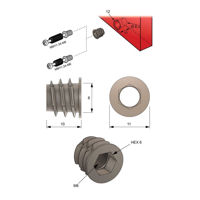 Insert fileté M6 8x10mm - 1000 pièces NTP