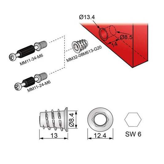 Insert fileté M6 8x13mm - 1000 pièces NTP
