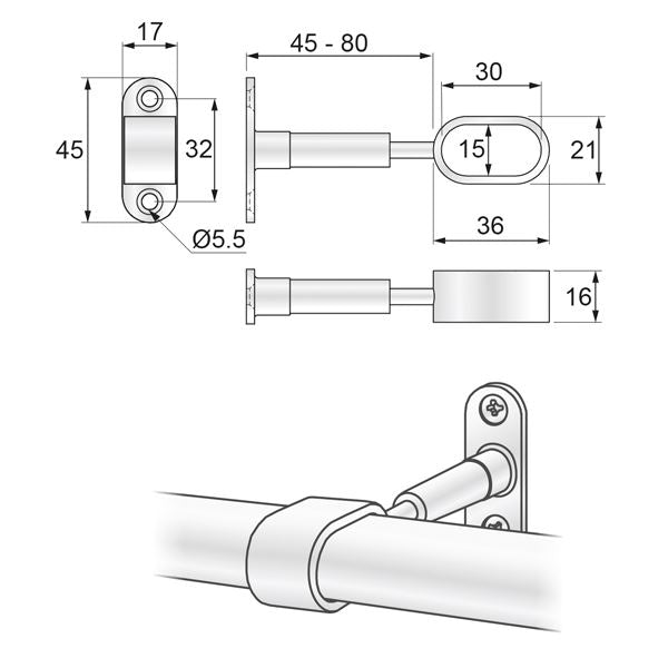 Support de distance barre ovale 15x30mm, chrome NTP