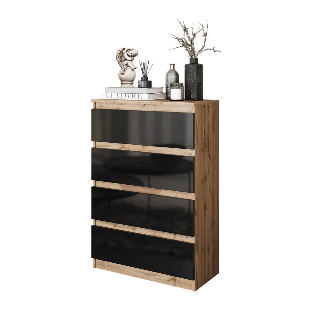 GABRIEL - Commode 4 Tiroirs - Table de Chevet Buffet - H92cm L60cm P33cm (Chêne Wotan / Noir Brillant)