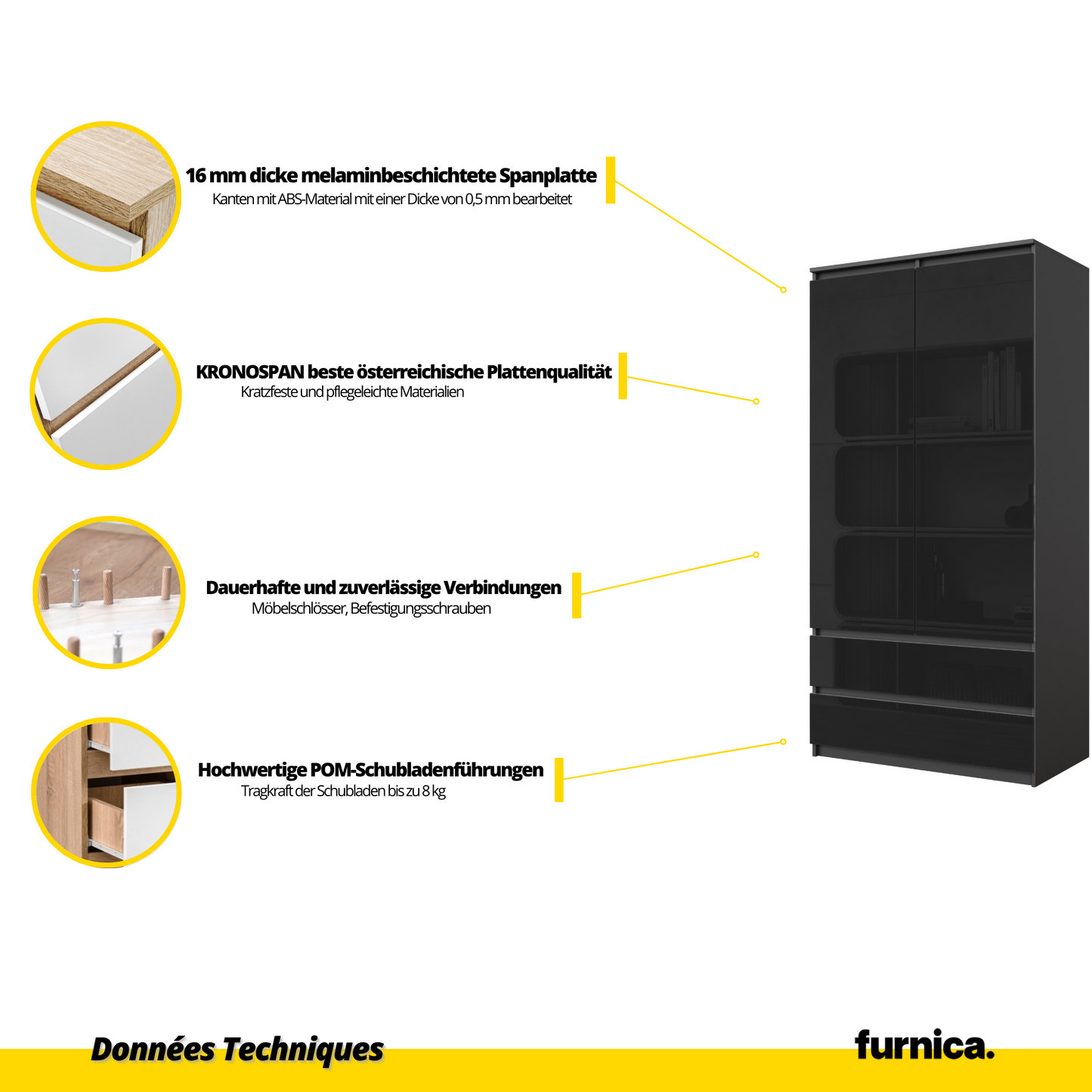JOELLE - Armoire 2 Portes avec 2 Tiroirs - Anthracite / Noir Brillant H180cm L90cm P50cm