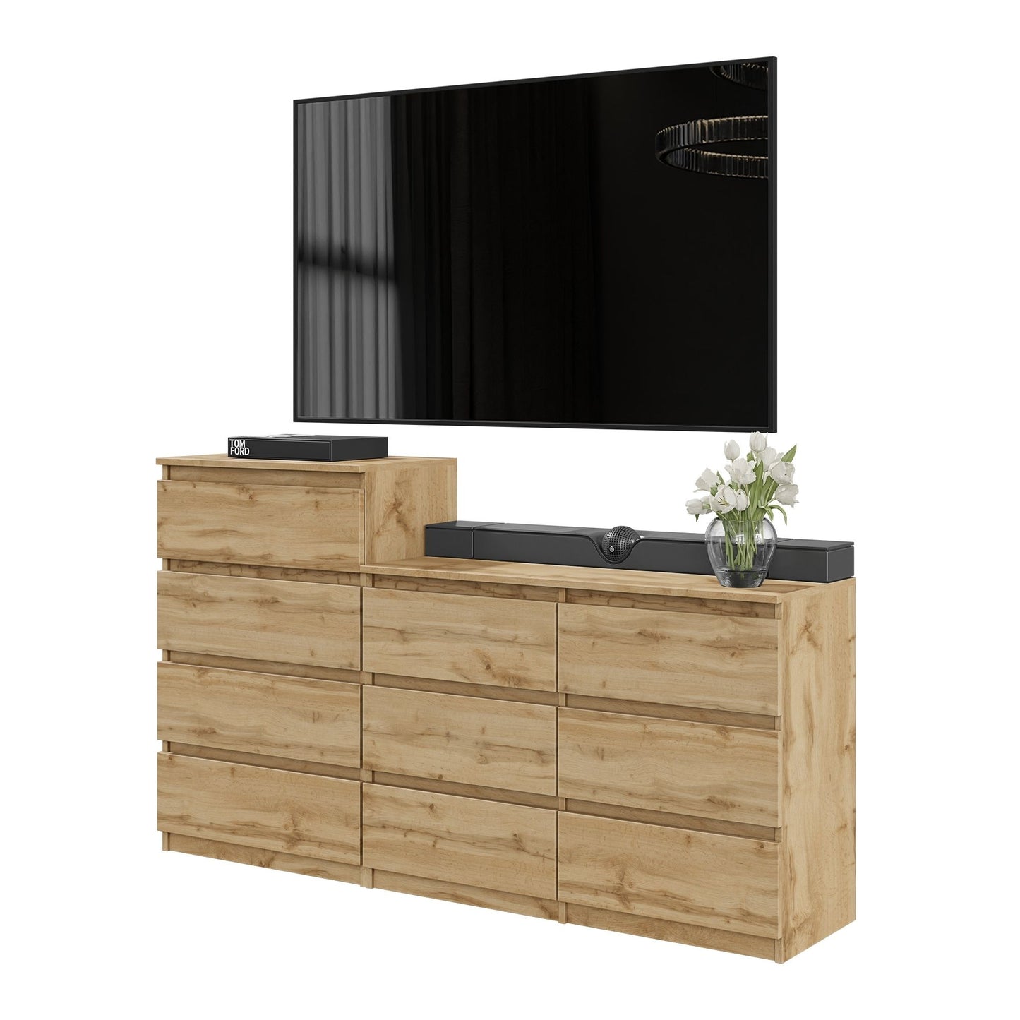 GABRIEL - Commode 10 Tiroirs (6+4) - H92/70 cm L160 cm P33 cm (Chêne Wotan)