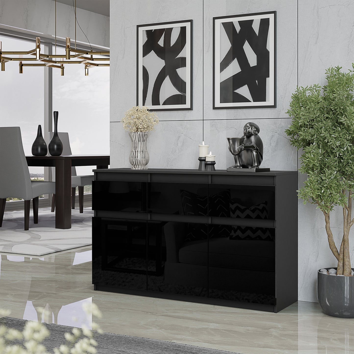 NOAH - Commode 3 Tiroirs et 3 Portes - Meuble de Rangement pour Couloir/Chambre - Buffet - H75cm L120cm P35cm (Anthracite/Noir Brillant)