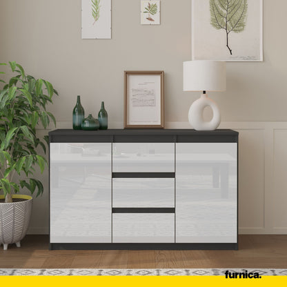 MIKEL - Commode 3 Tiroirs et 2 Portes - Armoire de Rangement pour Couloir/Chambre à Coucher - Buffet - H75cm L120cm P35cm (Anthracite/Blanc Brillant)
