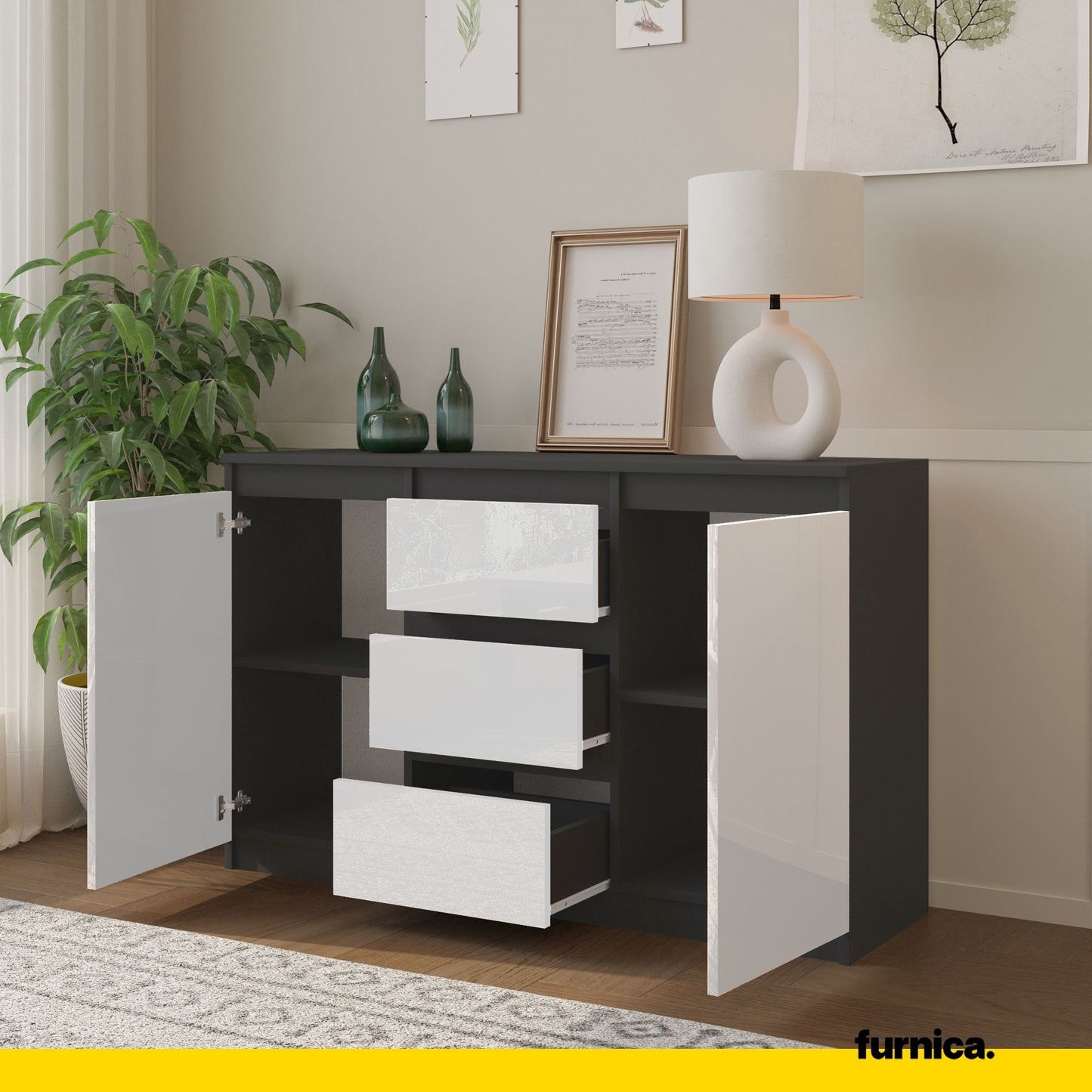 MIKEL - Commode 3 Tiroirs et 2 Portes - Armoire de Rangement pour Couloir/Chambre à Coucher - Buffet - H75cm L120cm P35cm (Anthracite/Blanc Brillant)