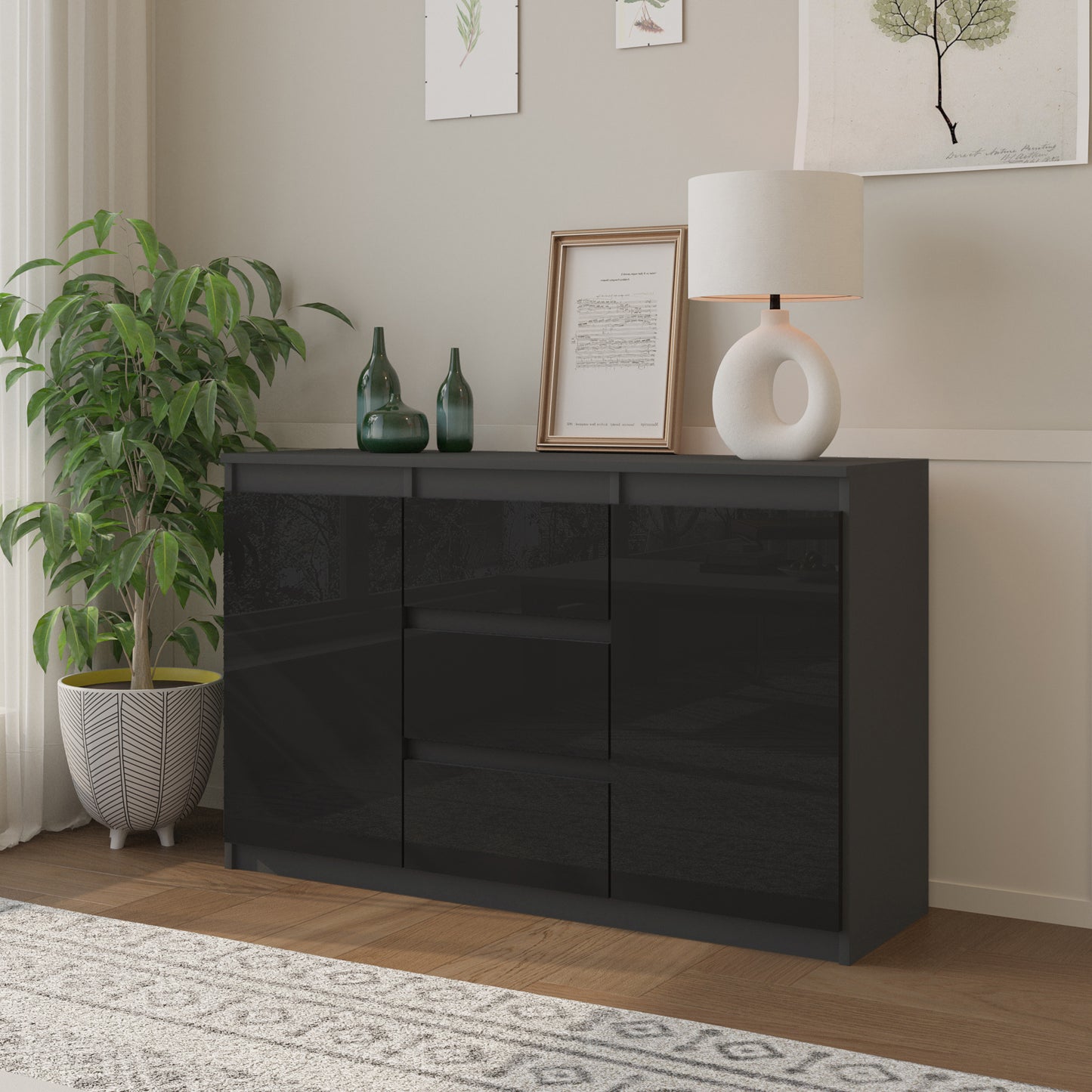 MIKEL - Commode 3 Tiroirs et 2 Portes - Armoire de Rangement pour Couloir/Chambre à Coucher - Buffet - H75cm L120cm P35cm (Anthracite/Noir Brillant)