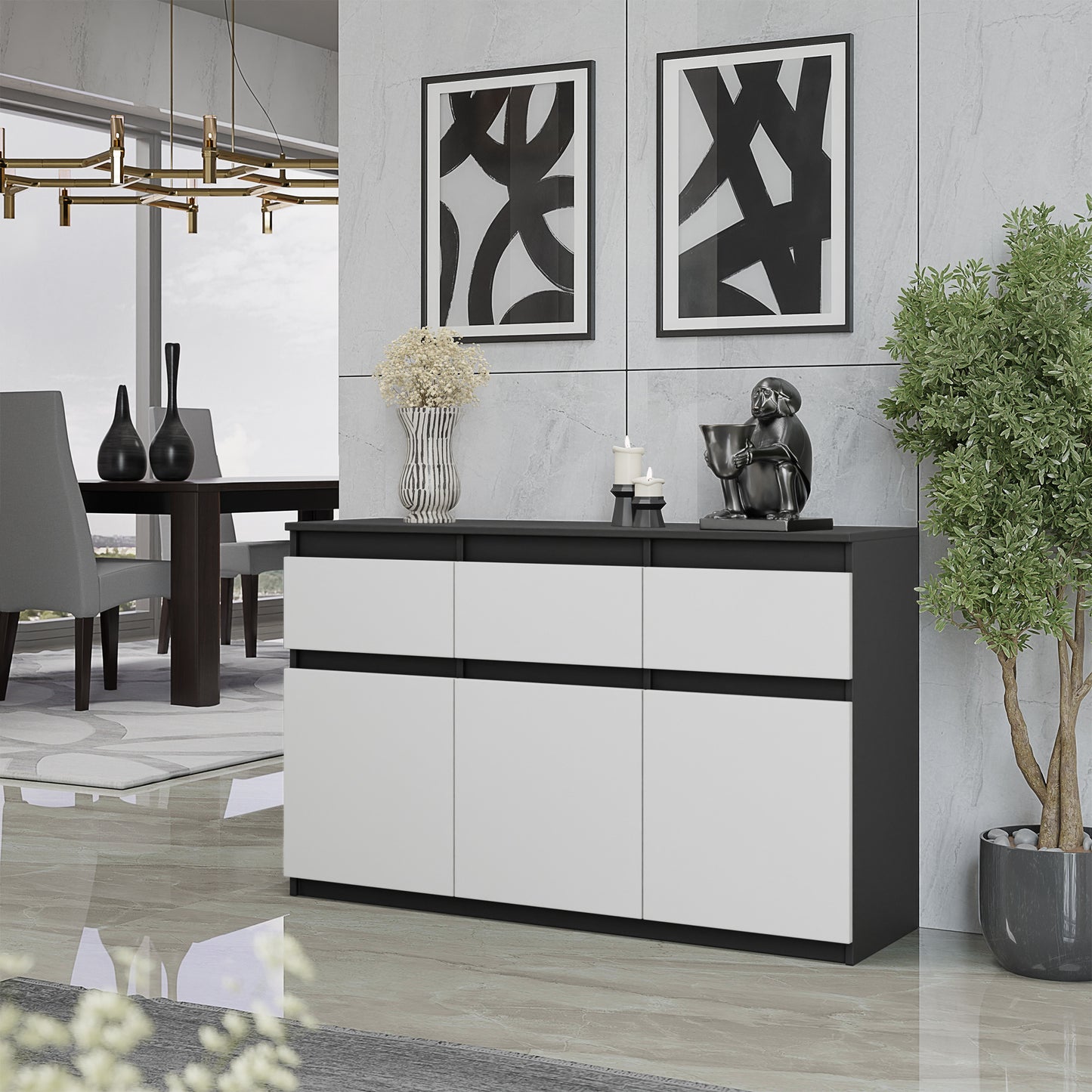 NOAH - Commode 3 Tiroirs et 3 Portes - Meuble de Rangement pour Couloir/Chambre - Buffet - H75cm L120cm P35cm (Anthracite/Blanc)