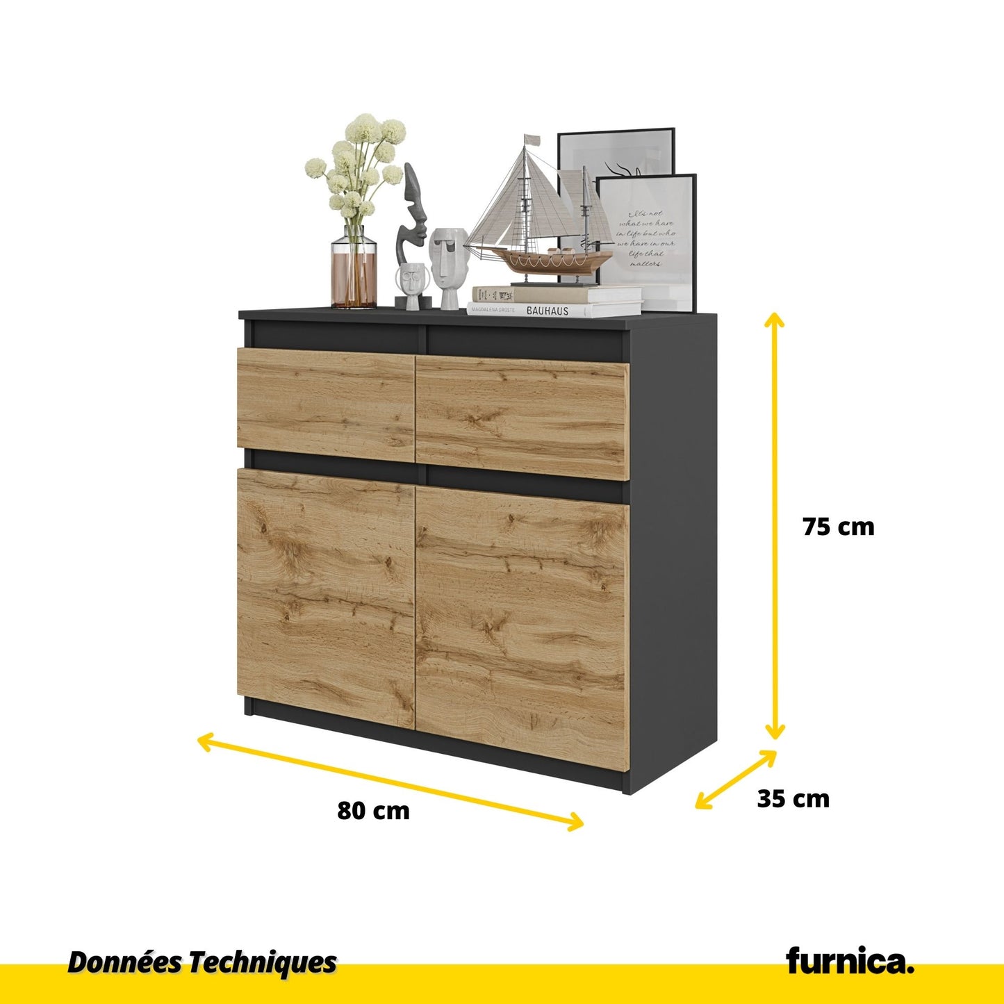 NOAH - Commode 2 Tiroirs et 2 Portes - Meuble de Rangement pour Couloir/Chambre - Buffet - H75cm L80cm P35cm (Anthracite/Chêne Wotan)