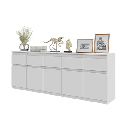 NOAH - Commode 5 Tiroirs et 5 Portes - Armoire de Rangement pour Couloir / Chambre à Coucher - Buffet - Blanc Matt H75cm L200cm P35cm