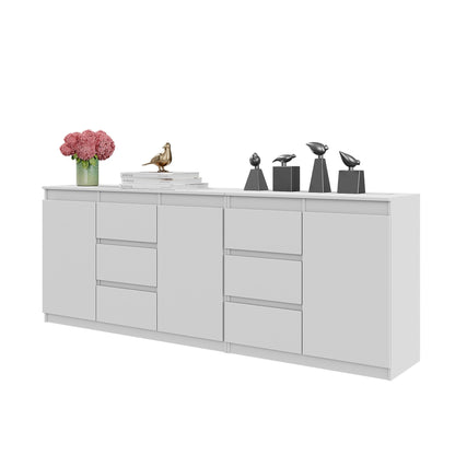 MIKEL - Commode 6 Tiroirs et 3 Portes - Armoire de Rangement pour Couloir / Chambre à Coucher - Buffet - Blanc Matt H75cm L200cm P35cm