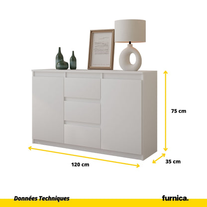 MIKEL - Commode 3 Tiroirs et 2 Portes - Armoire de Rangement pour Couloir/Chambre à Coucher - Buffet - H75cm L120cm P35cm (Blanc)