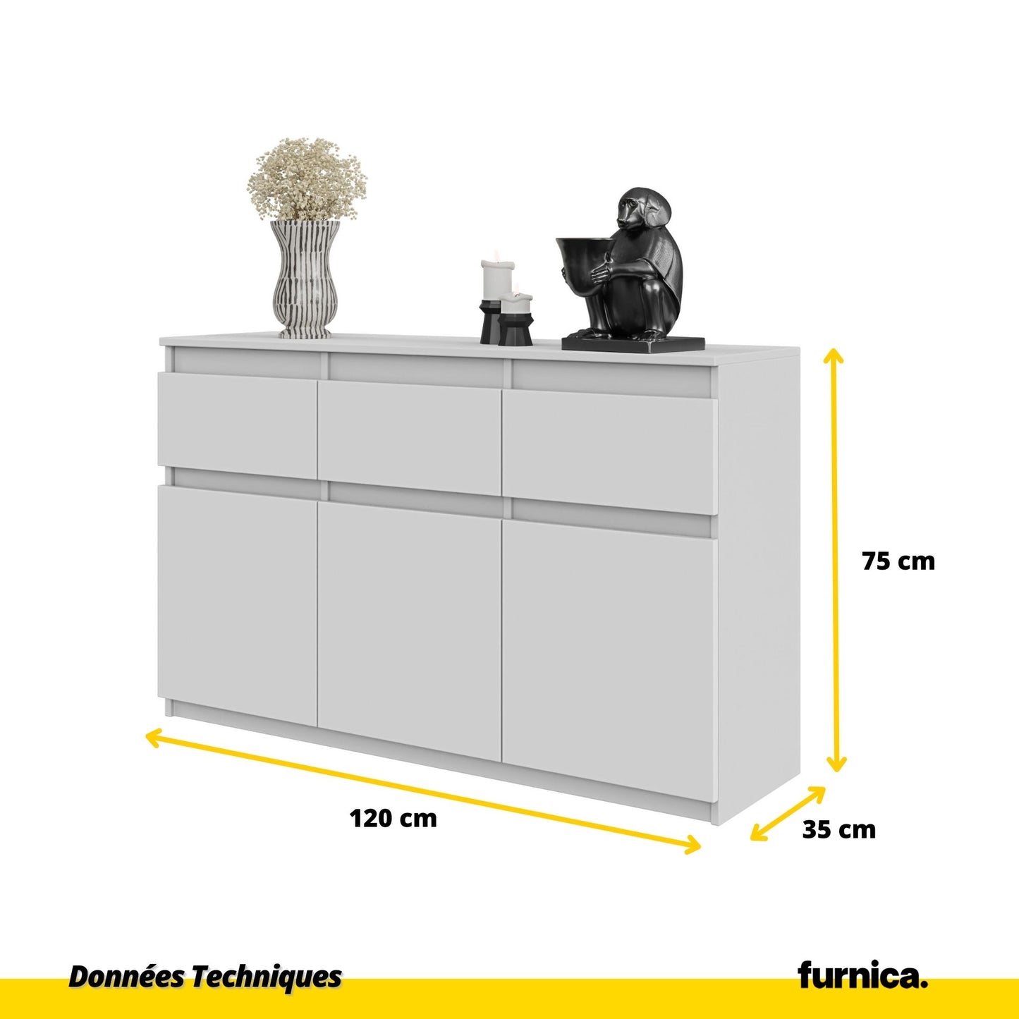 NOAH - Commode 3 Tiroirs et 3 Portes - Meuble de Rangement pour Couloir/Chambre - Buffet - H75cm L120cm P35cm (Blanc)