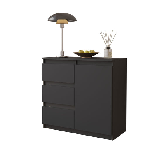 MIKEL - Commode 3 Tiroirs et 1 Porte - Armoire de Rangement pour Couloir/Chambre à Coucher - Buffet - H75cm L80cm P35cm (Anthracite)