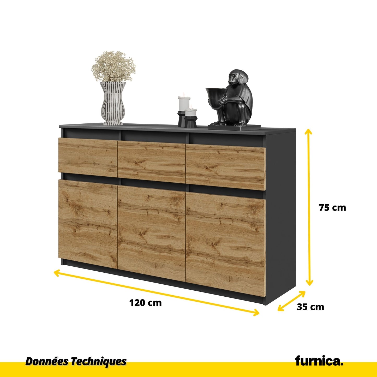 NOAH - Commode 3 Tiroirs et 3 Portes - Meuble de Rangement pour Couloir/Chambre - Buffet - H75cm L120cm P35cm (Anthracite/Chêne Wotan)