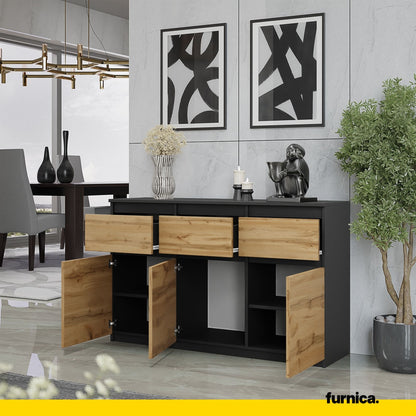 NOAH - Commode 3 Tiroirs et 3 Portes - Meuble de Rangement pour Couloir/Chambre - Buffet - H75cm L120cm P35cm (Anthracite/Chêne Wotan)