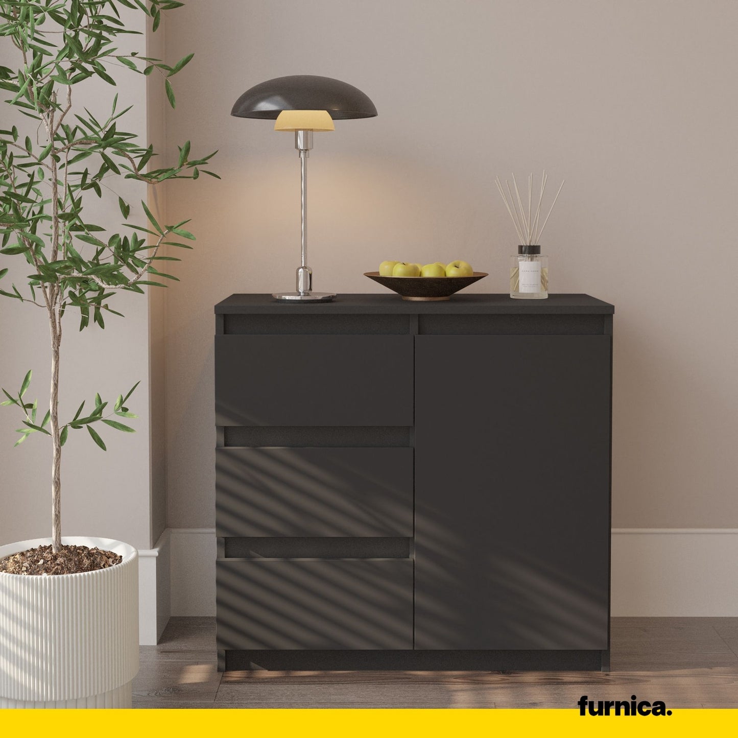 MIKEL - Commode 3 Tiroirs et 1 Porte - Armoire de Rangement pour Couloir/Chambre à Coucher - Buffet - H75cm L80cm P35cm (Anthracite)