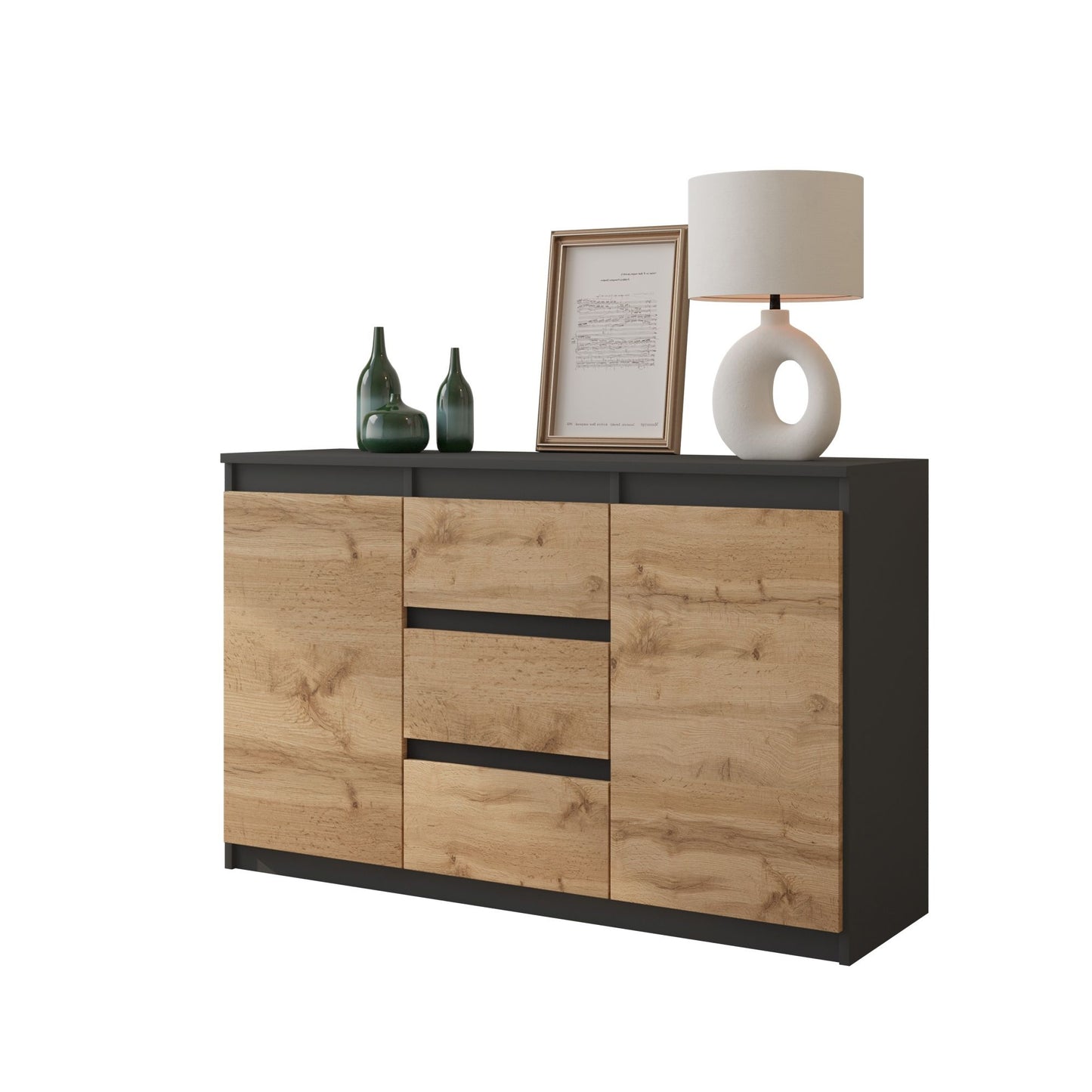 MIKEL - Commode 3 Tiroirs et 2 Portes - Armoire de Rangement pour Couloir/Chambre à Coucher - Buffet - H75cm L120cm P35cm (Anthracite/Chêne Wotan)