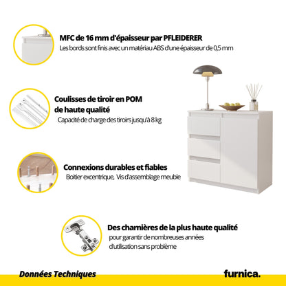 MIKEL - Commode 3 Tiroirs et 1 Porte - Armoire de Rangement pour Couloir / Chambre à Coucher - Buffet - H75cm L80cm P35cm (Anthracite / Chêne Wotan)