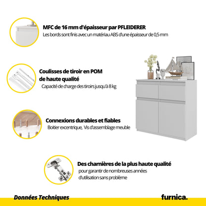 NOAH - Commode 2 Tiroirs et 2 Portes - Meuble de Rangement pour Couloir/Chambre - Buffet - H75cm L80cm P35cm (Blanc/Anthracite)