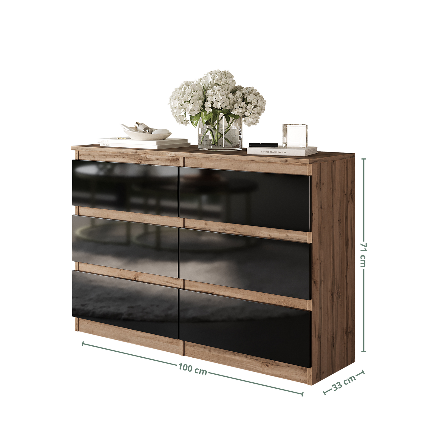 GABRIEL - Commode 6 Tiroirs - Buffet de Chevet - H71 cm L100 cm P33 cm (Chêne Wotan / Noir Brillant)