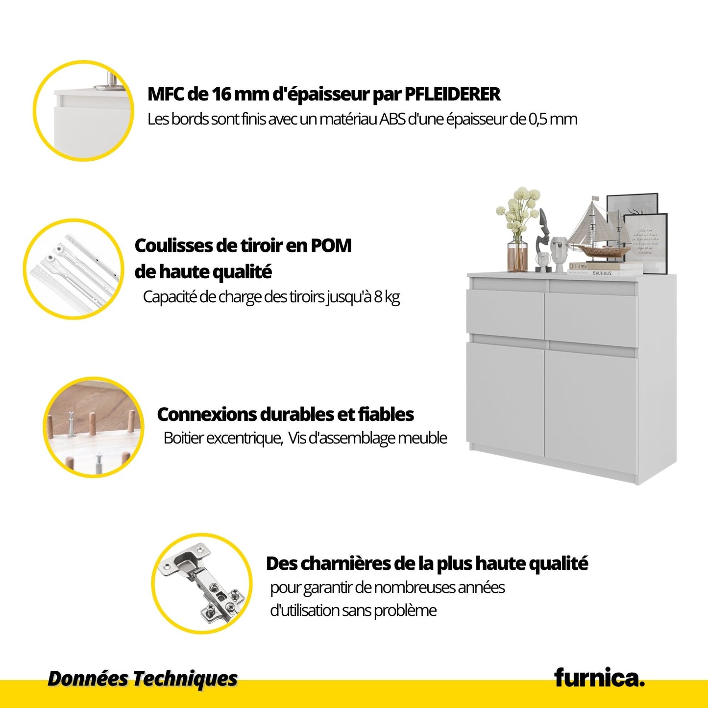 NOAH - Commode 2 Tiroirs et 2 Portes - Meuble de Rangement pour Couloir/Chambre - Buffet - H75cm L80cm P35cm (Blanc/Chêne Wotan)