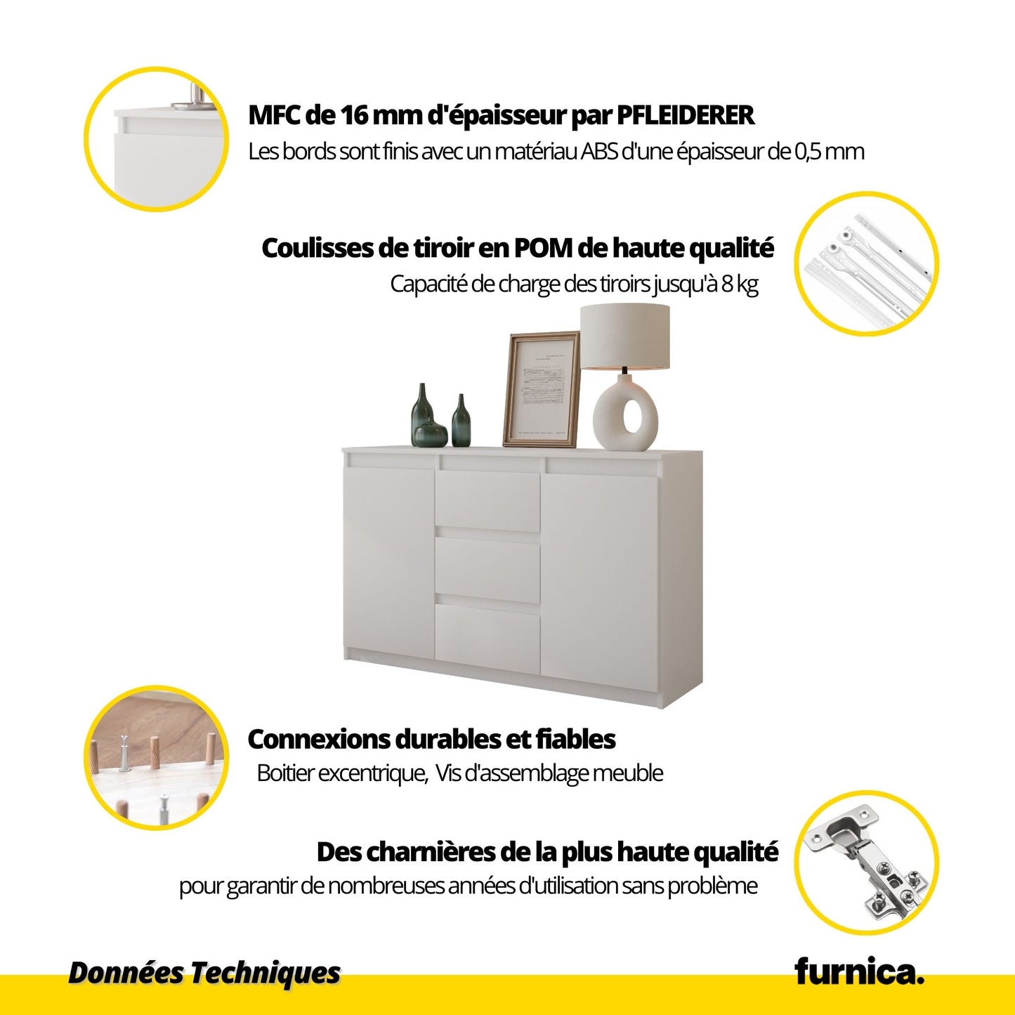 MIKEL - Commode 3 Tiroirs et 2 Portes - Armoire de Rangement pour Couloir/Chambre à Coucher - Buffet - H75cm L120cm P35cm (Blanc Matt/Blanc Brillant)