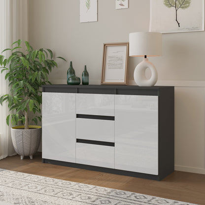 MIKEL - Commode 3 Tiroirs et 2 Portes - Armoire de Rangement pour Couloir/Chambre à Coucher - Buffet - H75cm L120cm P35cm (Anthracite/Blanc Brillant)